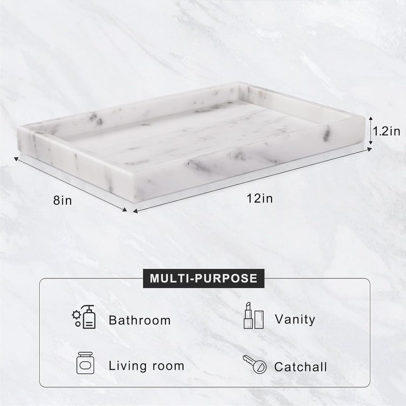 Homaura Marble Bathroom Tray for Countertop & Home Decor, Natural Decorative Marble Tray for Jewelry & Perfume Organizer, Luxury Stone Vanity Trays for Dresser, Kitchen Counter, 12" x 8", Starry White - Image 3